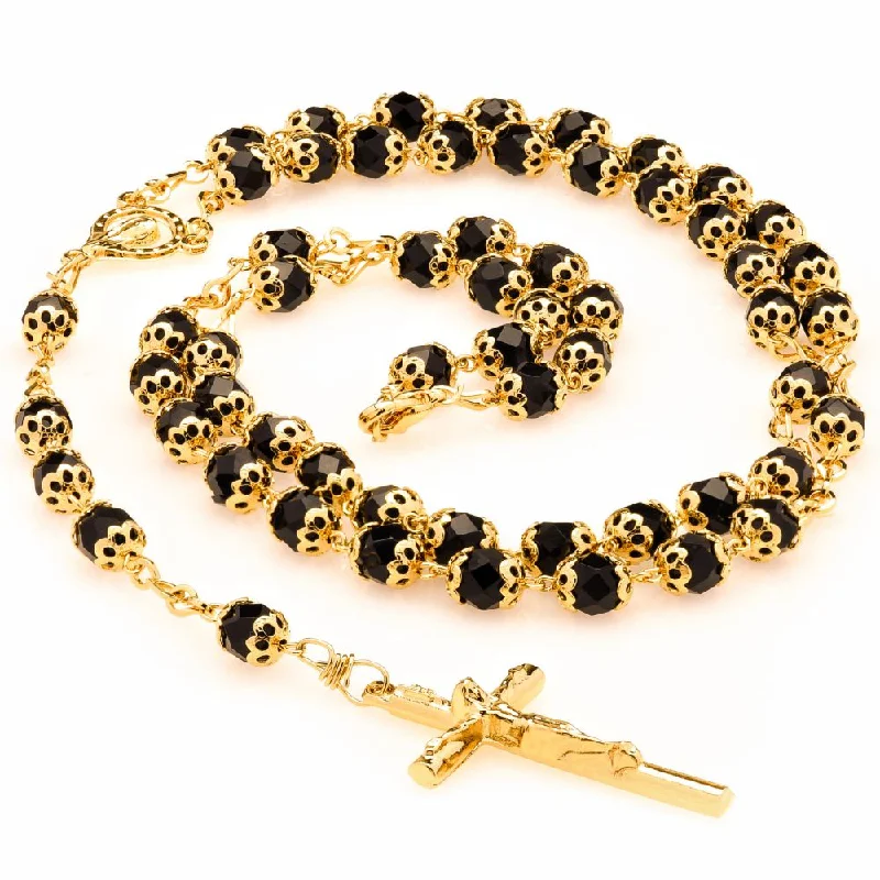 ladies necklaces tassel-Rosary Necklace, Black Crystal Prayer Beads