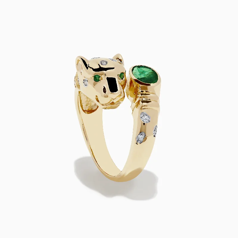 Ladies rings 1920s inspired -Signature 14K Yellow Gold Emerald and Diamond Panther Ring, 0.95 TCW