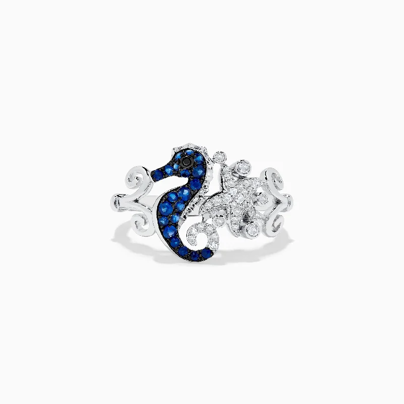 Ladies rings tarnish resistant -Seaside 14K White Gold Sapphire and Diamond Seahorse Ring