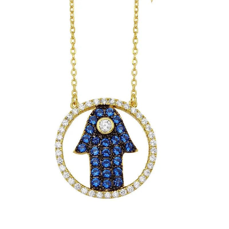 ladies necklaces vintage-Gold Plated 925 Sterling Silver Open Circle with Blue CZ Hamsa Hand Necklace - BGP01149