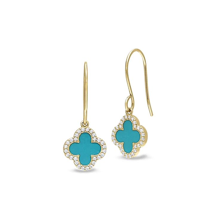 Ladies earrings 1970s boho -Platinum Finish Sterling Silver Micropave Turquoise Enamel Clover Earrings with Simulated Diamonds