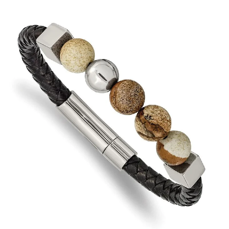 ladies bracelets deals-Stainless Steel Polished w/Brown Jasper Black Leather 8in Bracelet