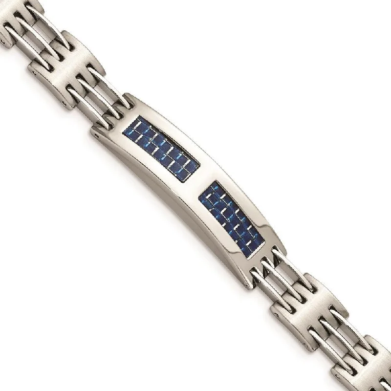 ladies bracelets embossed-Stainless Steel Brushed and Polished w/Blue Carbon Fiber Inlay Bracelet