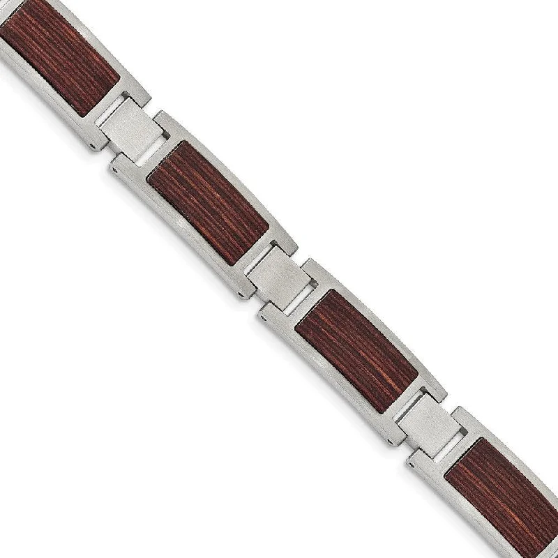 ladies bracelets flower-Stainless Steel Brushed with Wood Inlay 8.75in Link Bracelet