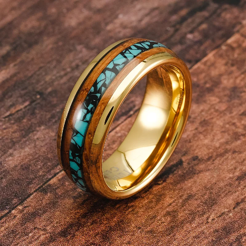 Ladies engagement rings handmade love -100S JEWELRY Gold Tungsten Rings For Men Turquoise & Whiskey Barrel Wood Grain Inlay Wedding Promise Engagement Band Size 6-16