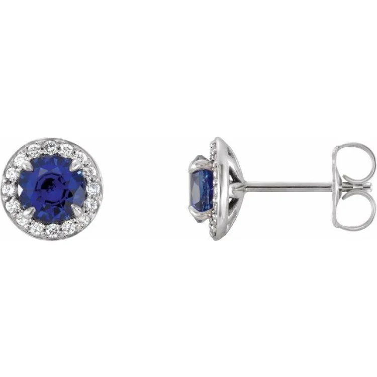 Ladies earrings anniversary present -14K White 5 mm Lab-Grown Blue Sapphire & 1/8 CTW Natural Diamond Earrings