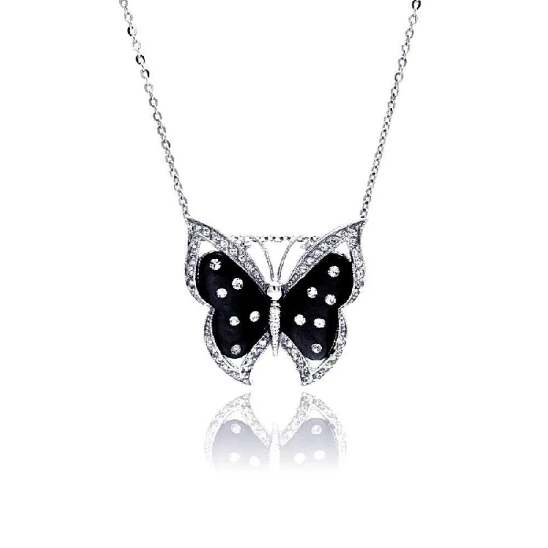 ladies necklaces ocean-Silver 925 Rhodium Plated Black Mother of Pearl Butterfly CZ Necklace - BGP00337