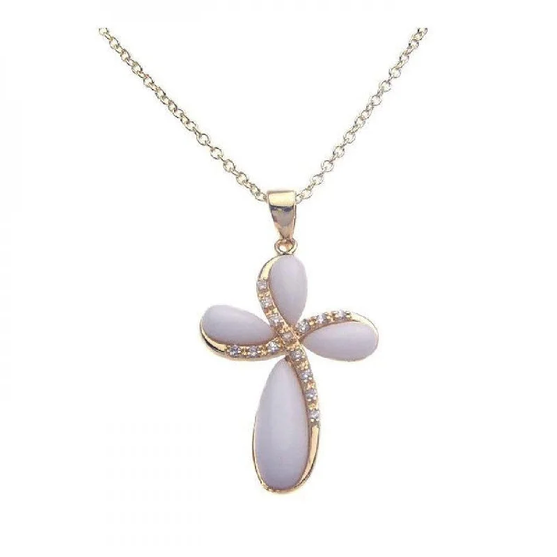 ladies necklaces flower-Silver 925 Gold Plated Ivory Cross CZ Necklace - BGP00259