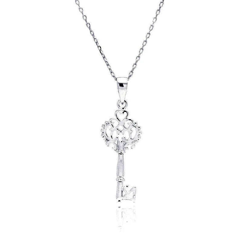 ladies necklaces tassel-Silver 925 Rhodium Plated Open Key CZ Necklace - BGP00434