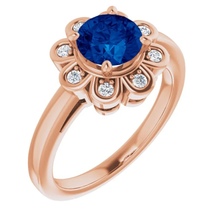 Ladies rings rune design -14K Rose Lab-Grown Blue Sapphire & 1/8 CTW Natural Diamond Ring