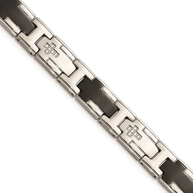 ladies bracelets rustic-Stainless Steel Polished Black IP-plated with CZ Cross Bracelet