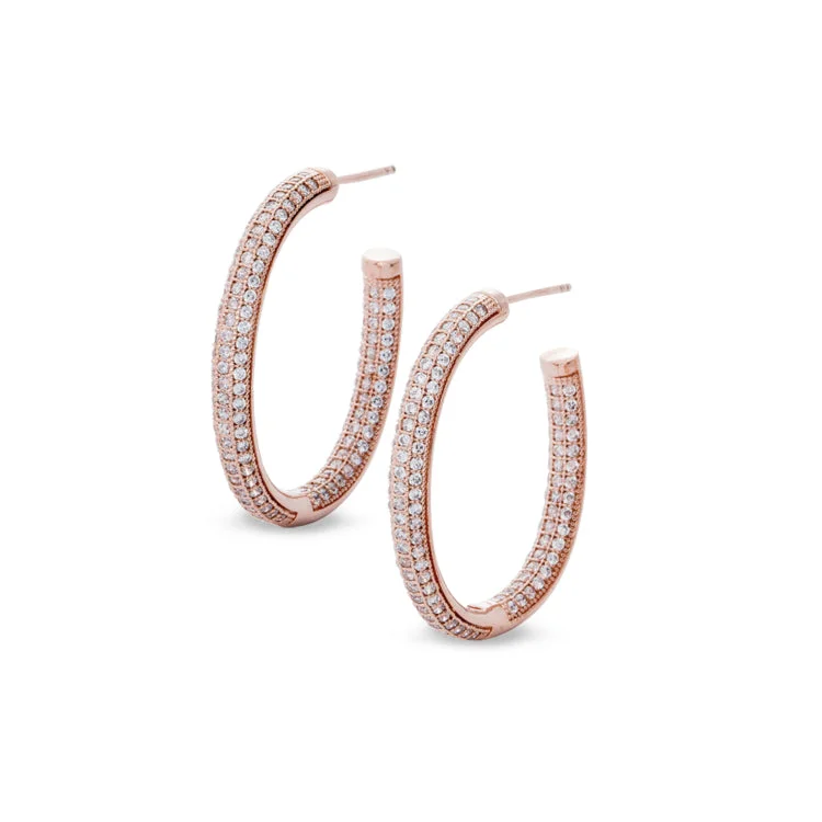 Ladies earrings elegant style -Rose Gold Finish Sterling Silver Micropave Oval Inside Out Hoop Earrings with 294 Simulated Diamonds