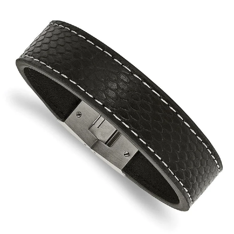 ladies bracelets bold statement-Stainless Steel Polished Black Leather Bracelet