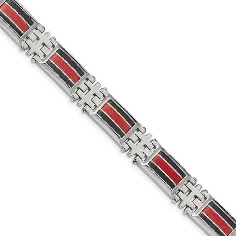 ladies bracelets luxury-Stainless Steel Polished Black Carbon Fiber/Red Fiber Glass Inlay Bracelet