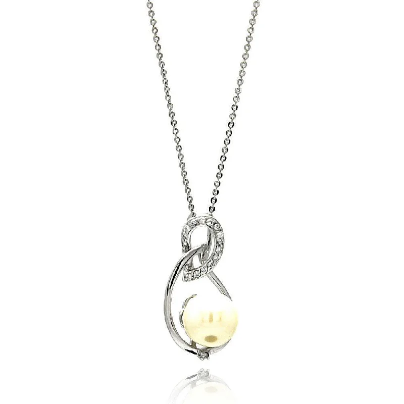 ladies necklaces metallic-Silver 925 Rhodium Plated Open Teardrop CZ Center Pearl Necklace - BGP00603