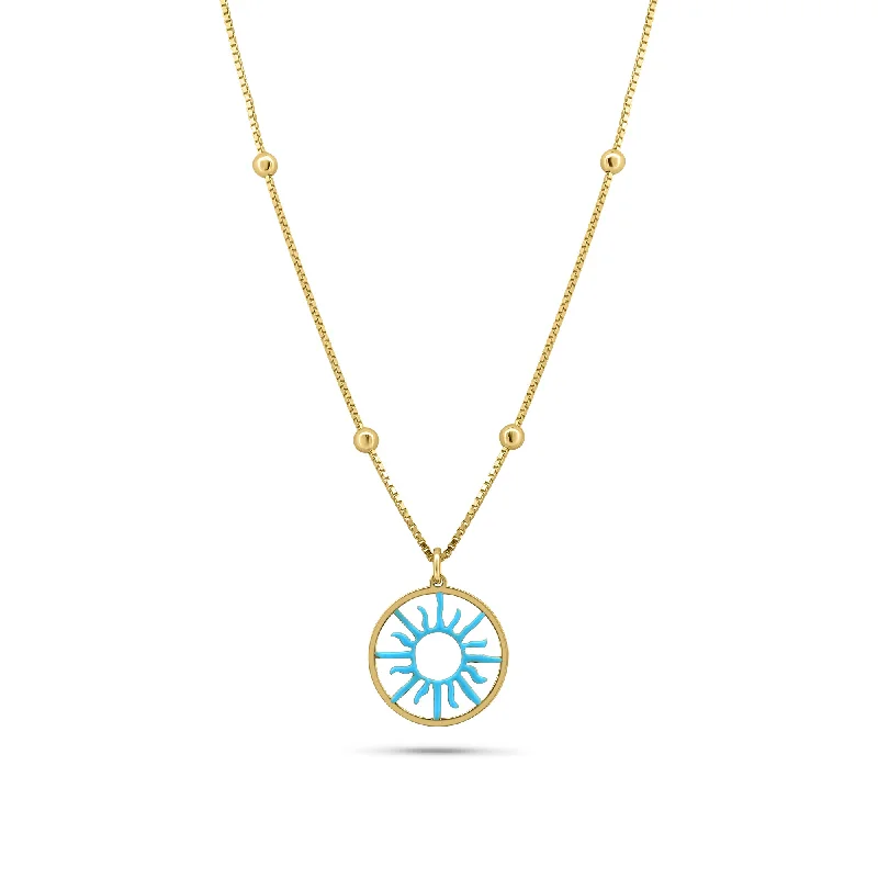 ladies necklaces sustainable-Gold Plated 925 Sterling Silver Turquoise Sun Charm Box Beaded Adjustable Necklace - GCN00003