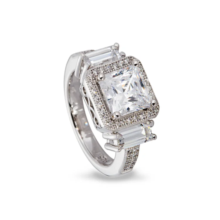 Ladies rings stackable style -Platinum Finish Sterling Silver Micropave Princess Cut Ring with 51 Simulated Diamonds