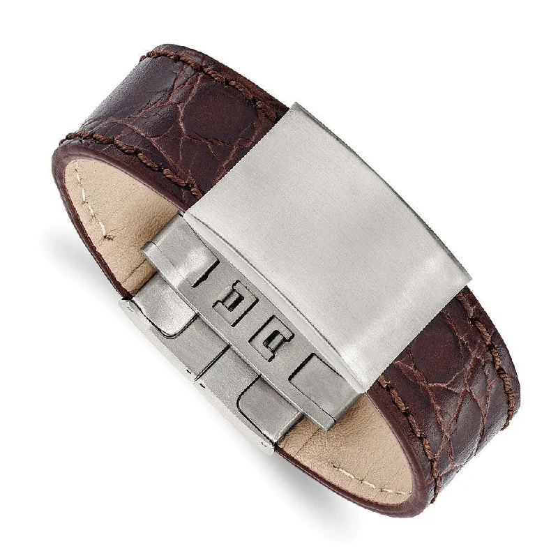 ladies bracelets happiness-Stainless Steel Brushed Dark Brown Leather ID Bracelet