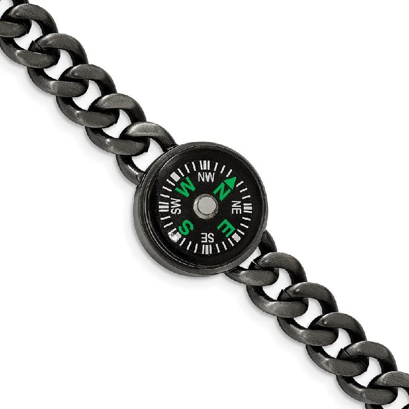 ladies bracelets platinum-Stainless Steel Brushed Gun Metal IP-plated Compass 8.25in Bracelet