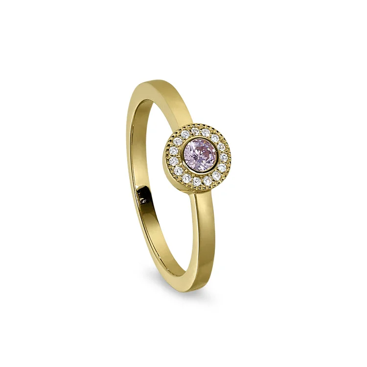 Ladies rings y2k aesthetic -Gold Finish Sterling Silver Micropave Round Simulated Pink Sapphire Ring with Simulated Diamonds Size 4