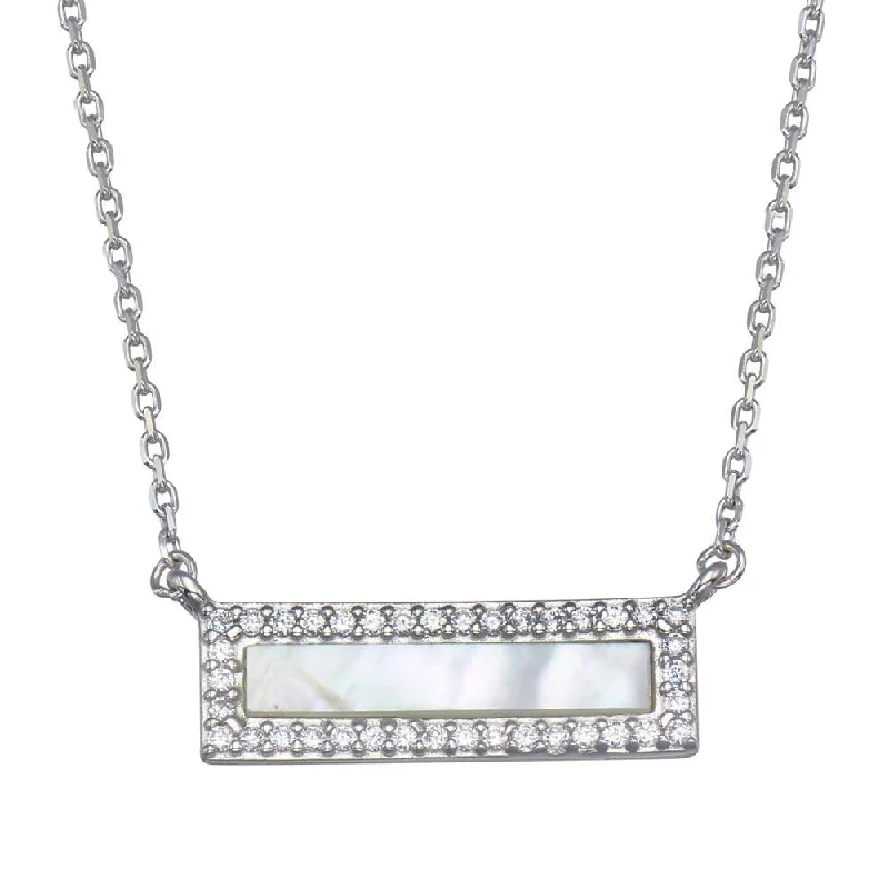 ladies necklaces display-Rhodium Plated 925 Sterling Silver Mother Of Pearl Halo Bar Necklace - GMN00100