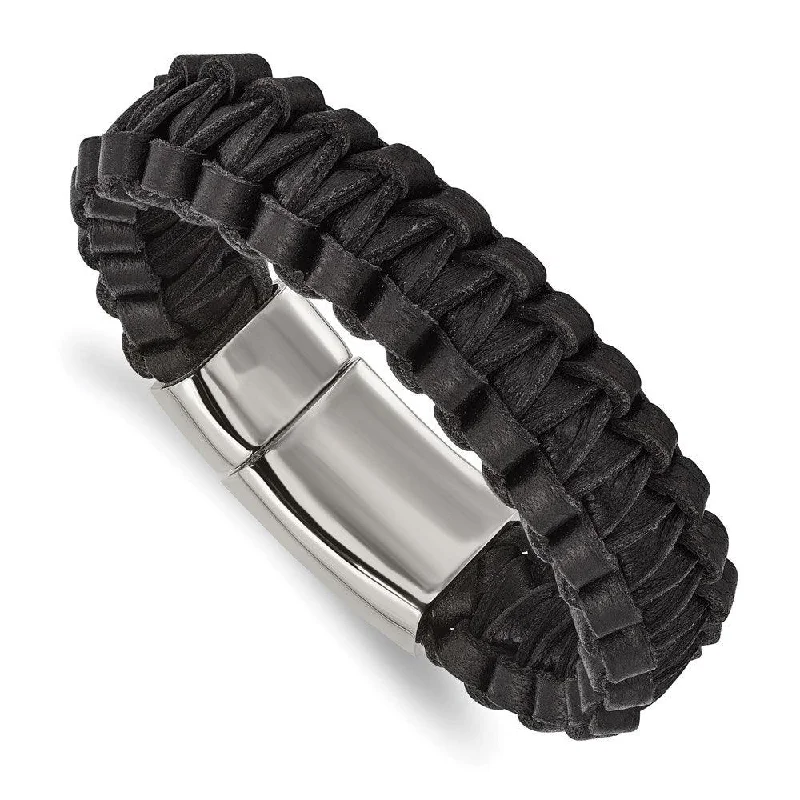 ladies bracelets ethical-Stainless Steel Polished Flat Braided Black Leather Bracelet