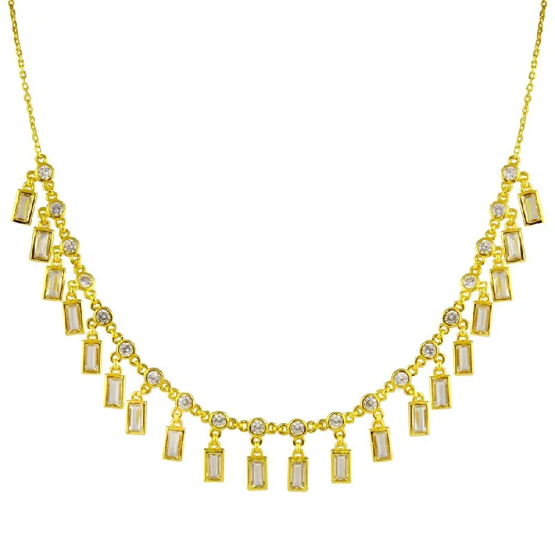 ladies necklaces heavy-Gold Plated 925 Sterling Silver Dangling Baguette and Round CZ Necklace - STP01812GP