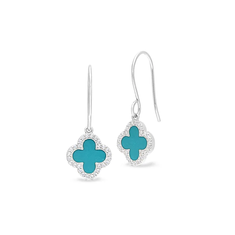 Ladies earrings red carpet -Platinum Finish Sterling Silver Micropave Turquoise Enamel Hexagon Earrings with Simulated Diamonds