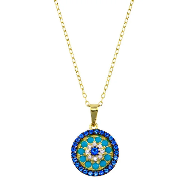 ladies necklaces jared-Gold Plated 925 Sterling Silver Round Charm Turquoise Blue CZ Necklace - BGP01420