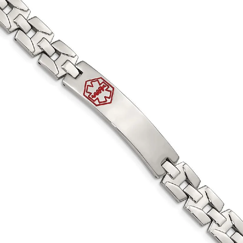 ladies bracelets cultural-Stainless Steel Brushed & Polished Red Enamel 8in Medical Bracelet