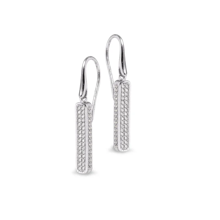 Ladies earrings military tribute -Platinum Finish Sterling Silver Micropave 3 Sided Bar Earrings with Simulated Diamonds