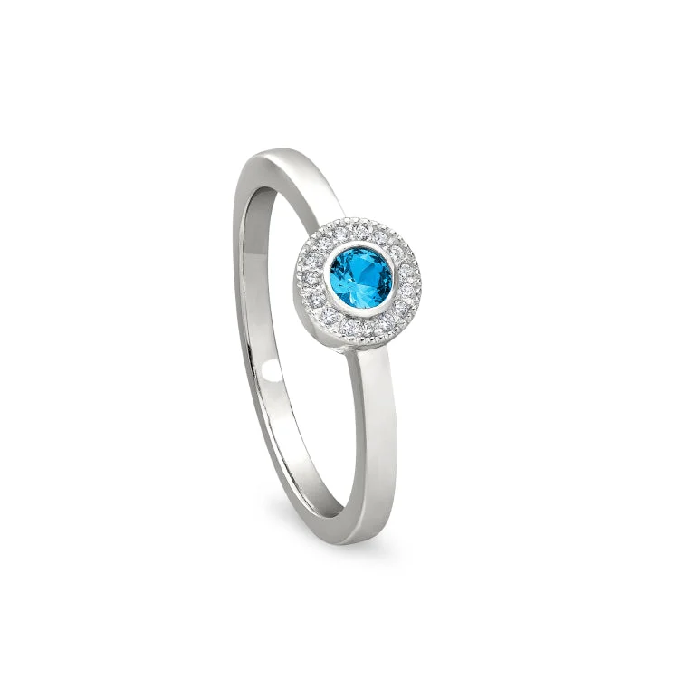 Ladies rings new job -Platinum Finish Sterling Silver Micropave Round Simulated Blue Topaz Ring with Simulated Diamonds Size 7