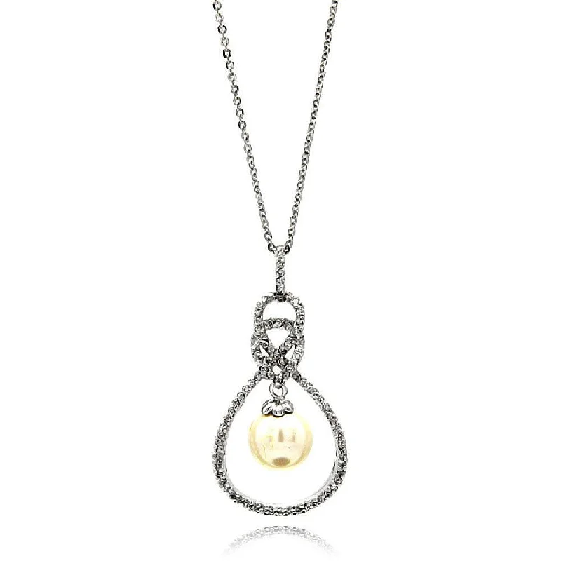 ladies necklaces textured-Silver 925 Rhodium Plated Open Teardrop CZ Center Pearl Necklace - BGP00600