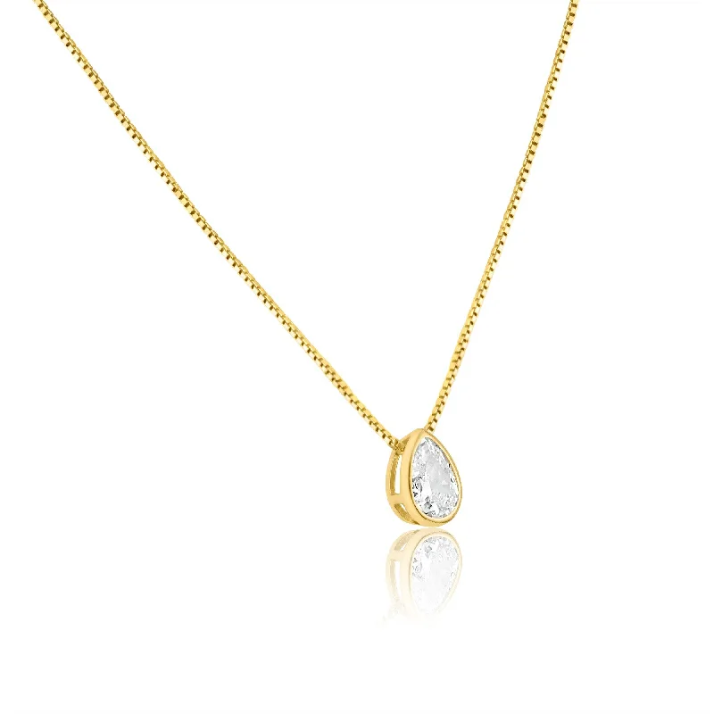 ladies necklaces bold statement-Gold Plated Teardrop Clear CZ Pendant Necklace - GCP00002GP