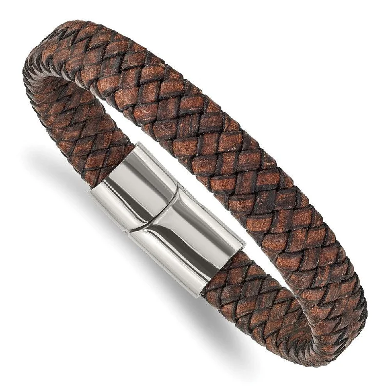 ladies bracelets ethical-Stainless Steel Polished Brown Leather 11.50mm 8.5in Bracelet