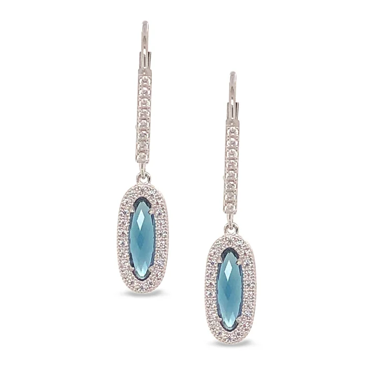 Ladies earrings pirate theme -Platinum Finish Sterling Silver Micropave Oblong Earrings with Simulated London Blue Topaz and Simulated Diamonds