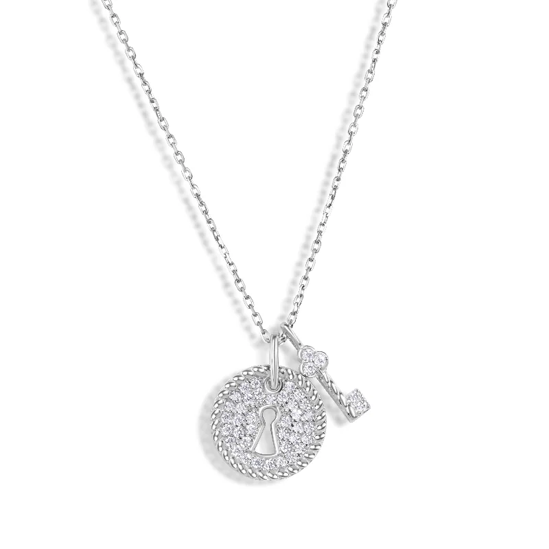 ladies necklaces rustic-Rhodium Plated 925 Sterling Silver Lock and Key Necklace - GMN00184