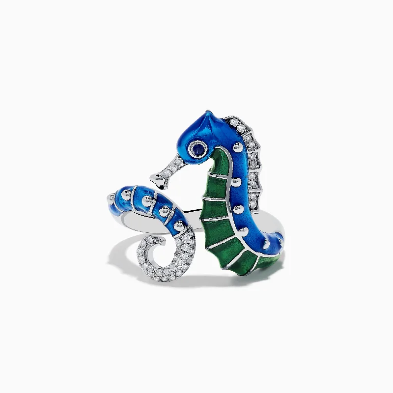 Ladies rings casual style -Seaside 14K White Gold Blue Sapphire and Diamond Seahorse Ring