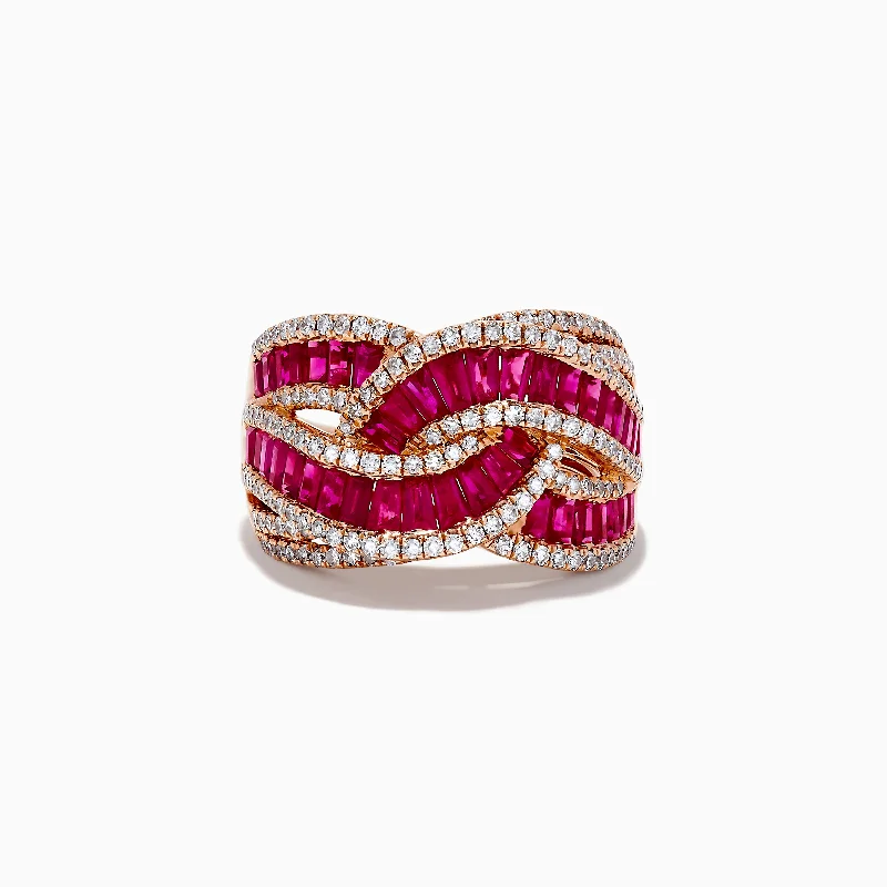 Ladies rings debutante look -Ruby Royale 14K Rose Gold Baguette Cut Ruby and Diamond Intertwined Ring