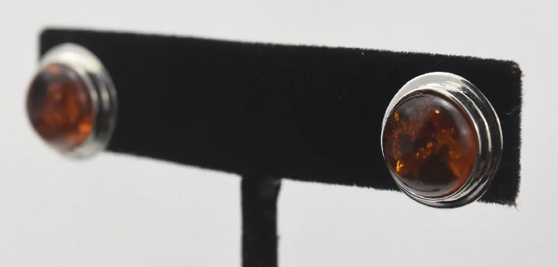 Ladies earrings with birthstone -Baltic Amber and Silver Round Stud Earrings