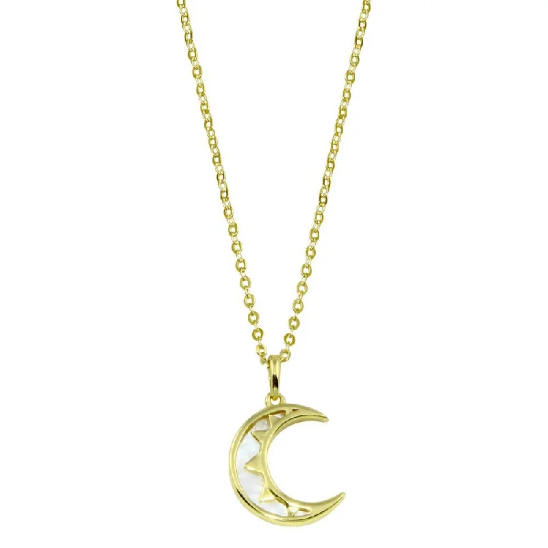 ladies necklaces high-end-Gold Plated 925 Sterling Silver CZ Synthetic Mother of Pearl Crescent Moon Necklace - STP01775GP