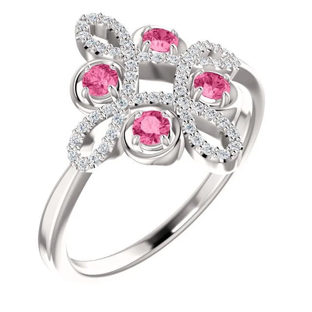 Ladies rings irish heritage -14KT GOLD 0.32 CTW PINK TOURMALINE & 1/6 CTW DIAMOND CLOVER RING