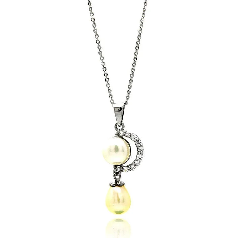 ladies necklaces ruby-Silver 925 Rhodium Plated Crescent CZ with Fresh Water Pearl Necklace - BGP00602