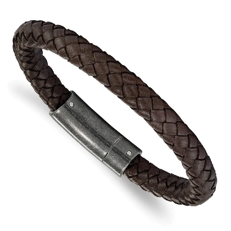 ladies bracelets mother’s day-Stainless Steel Brushed Brown Braided Genuine Leather 8.25in Bracelet