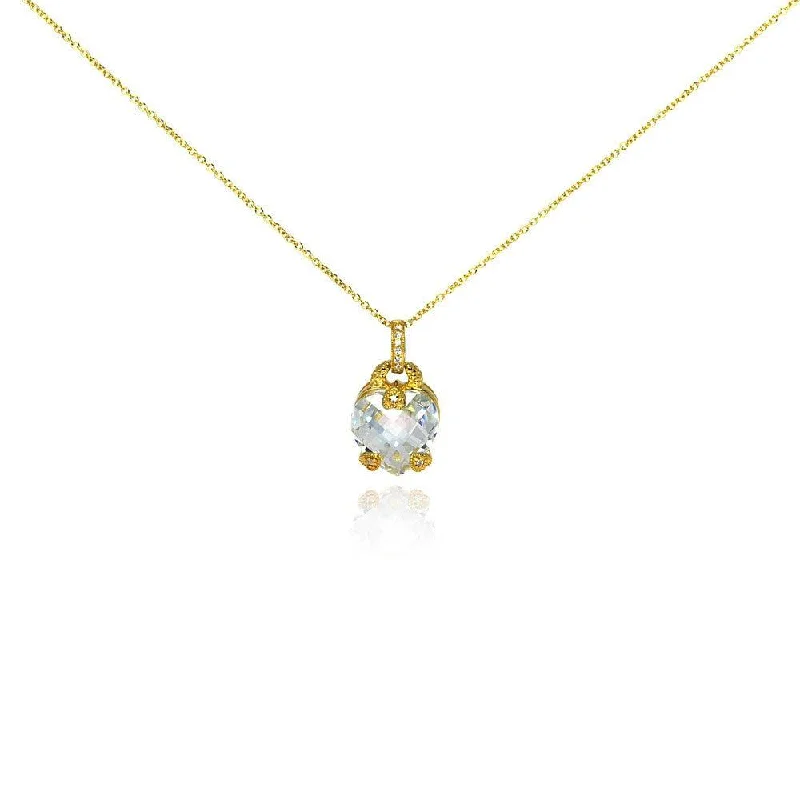 ladies necklaces detailed-Clearance-Silver 925 Gold Plated Clear CZ Heart Pendant Necklace - STP00927