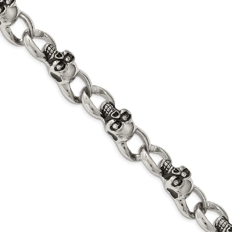 ladies bracelets deals-Stainless Steel Polished and Oxidized w/ CZ Skulls 9in. Bracelet