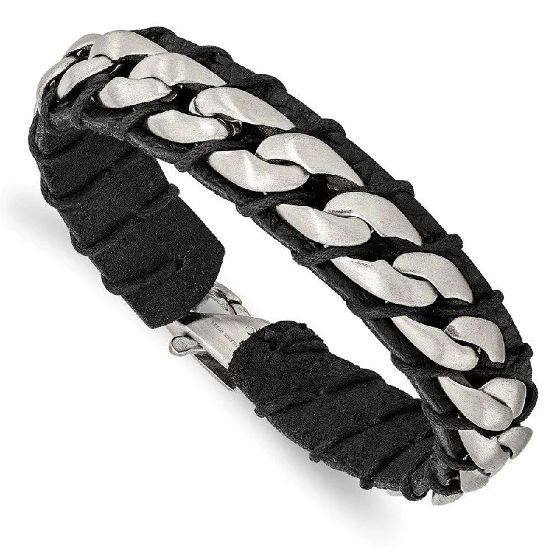 ladies bracelets recommendations-Stainless Steel Brushed Chain and Black Leather 8.5in Bracelet