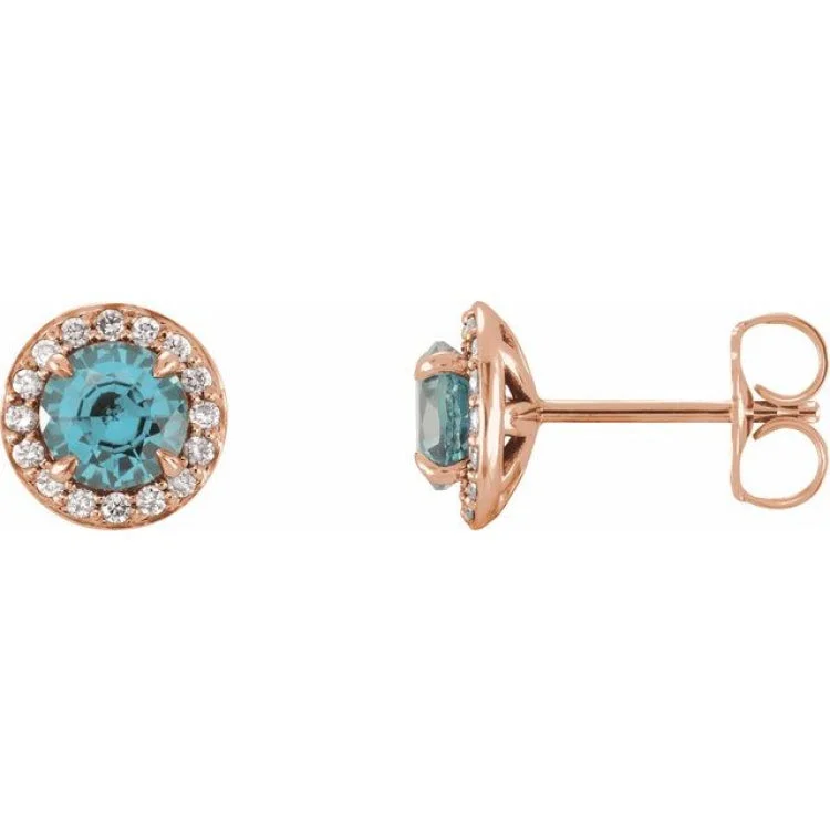 Ladies earrings eco friendly -14K Rose 5 mm Natural Blue Zircon & 1/8 CTW Natural Diamond Earrings