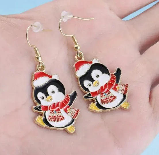 Ladies earrings scottish design -Santa Penguin Dangle Earrings (3/4" Tall)