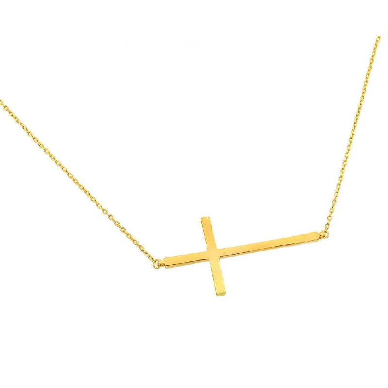 ladies necklaces meditation-Silver 925 Gold Plated Plain Sideways Solid Cross Pendant Necklace - BGP00820GP